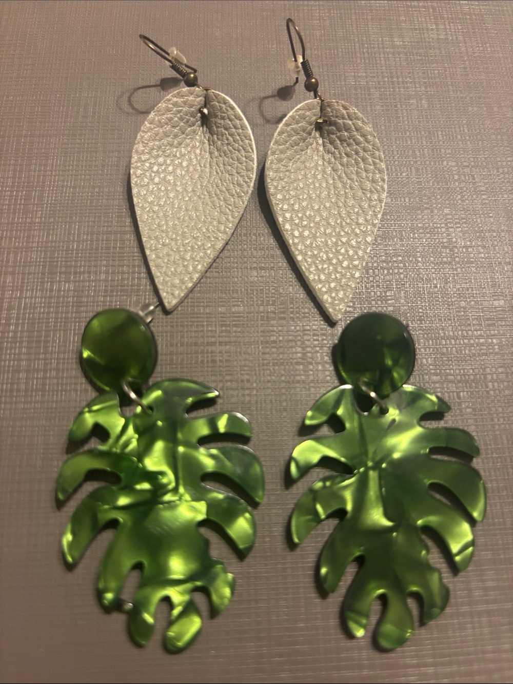 Green Leaf Drop Earrings with White Teardrop Accent